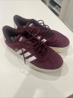adidas Women’s Burgundy Suede Sneakers with White Stripes